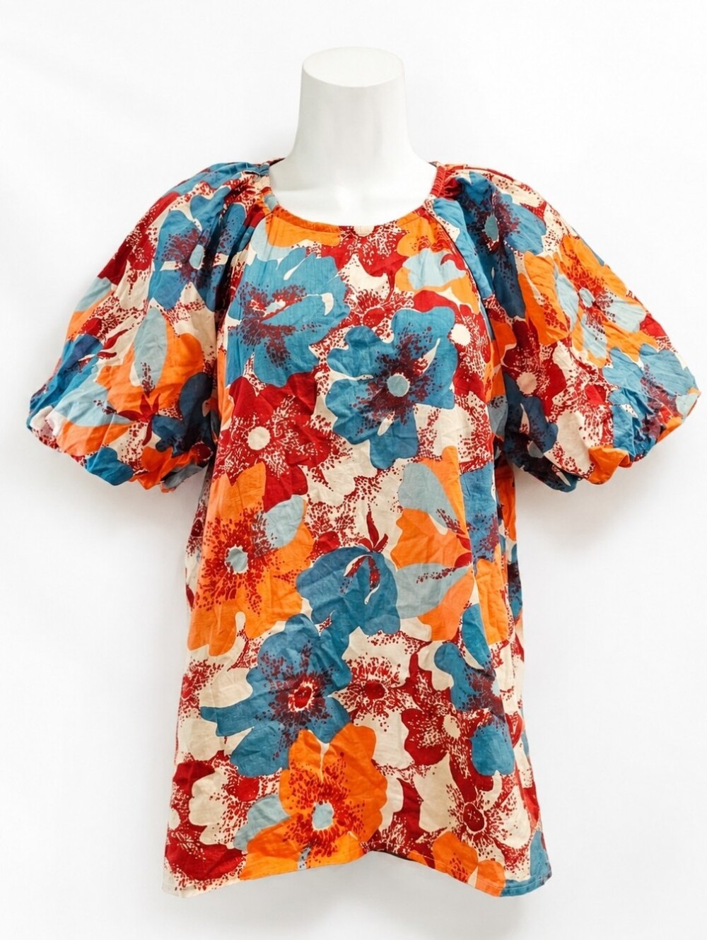BANJANAN Floral Puff Sleeve Cotton Top Boho Summer Blouse, Colorful Print, L